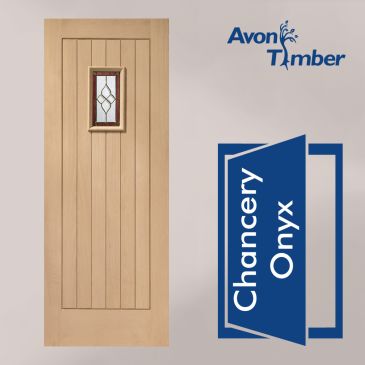 Oak M&T Triple Glazed External Door: Type Chancery Onyx with Brass Caming