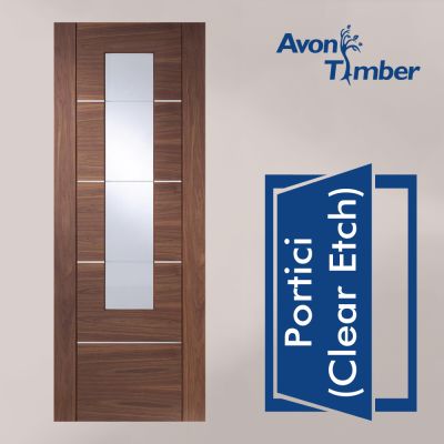 Walnut and Aluminium Pre-finished Internal Door: Type Portici with Clear Etched Glass